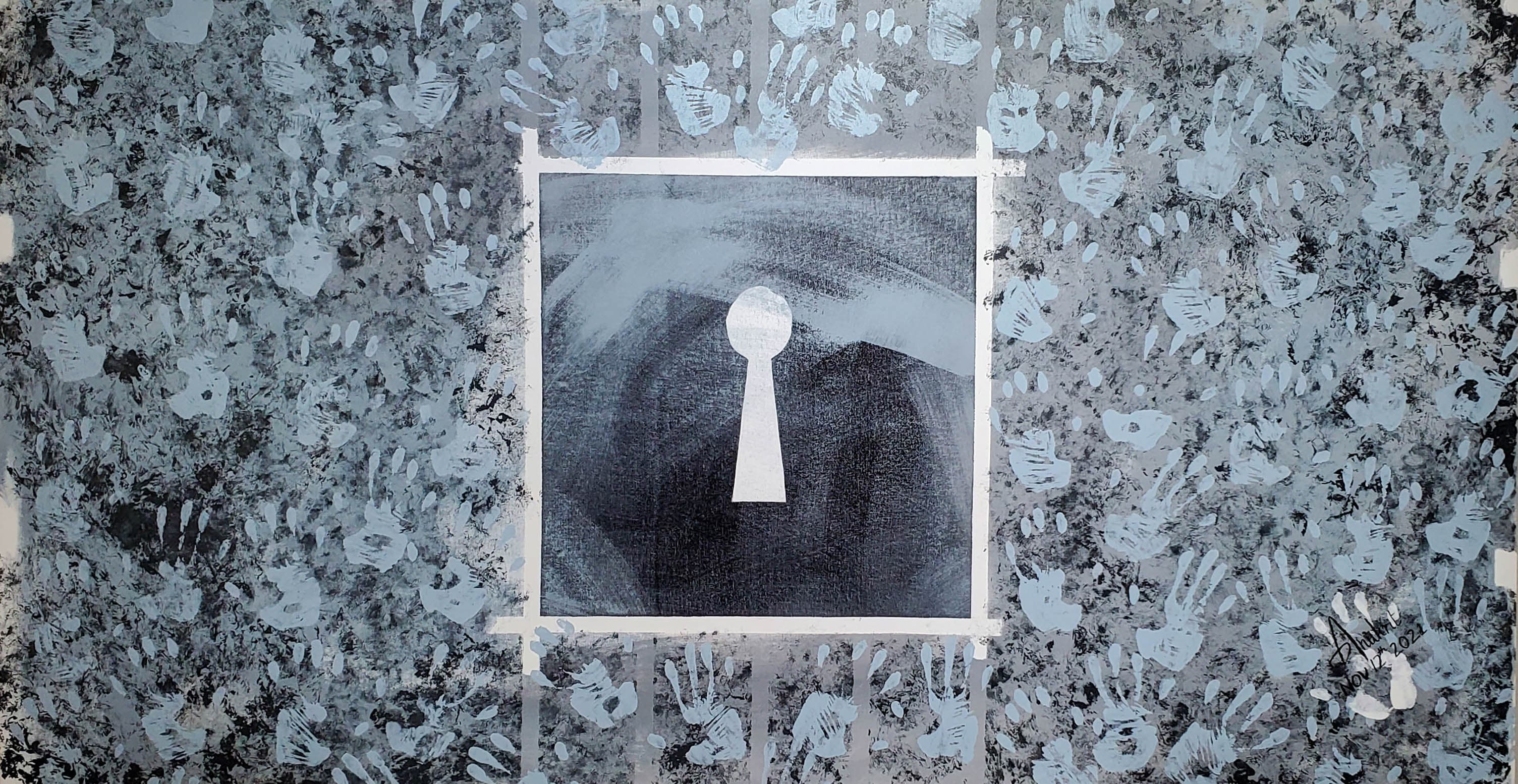 Keyhole artwork surrounded by handprint textures